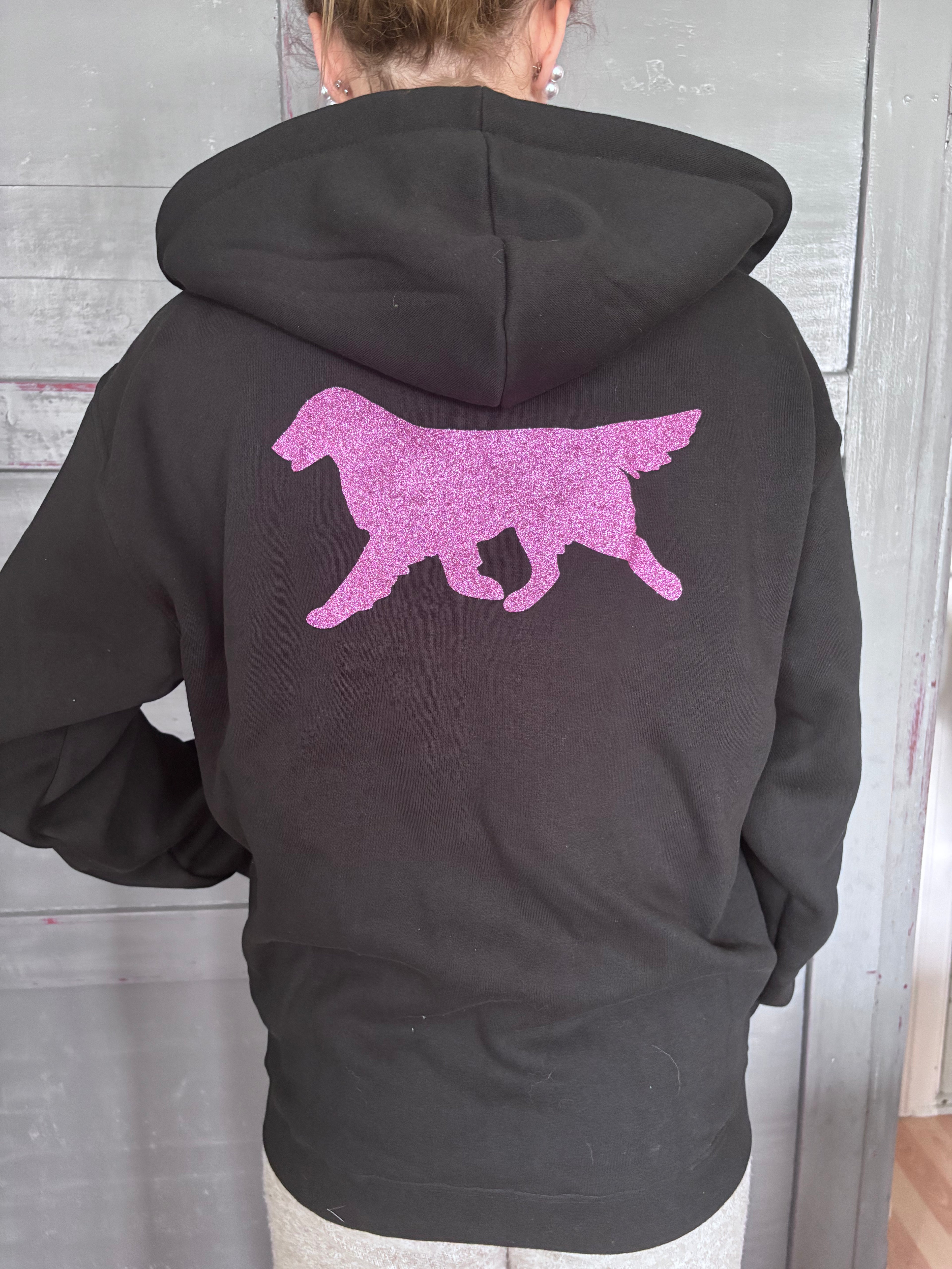 Hoodie med zip, flat foran og bak - rosa glitter