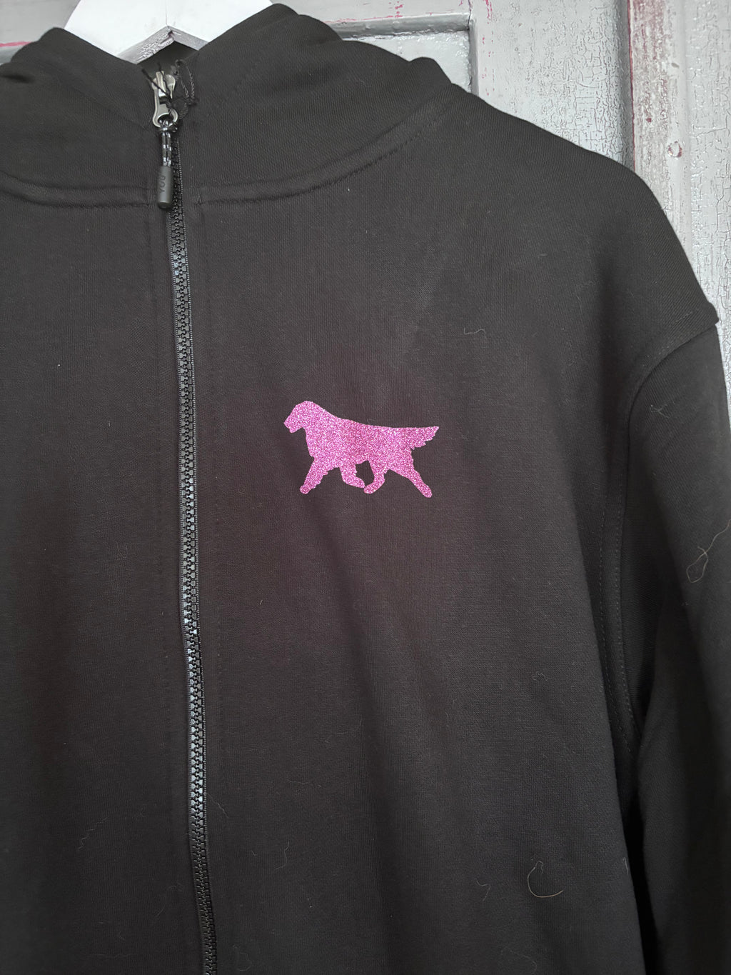 Hoodie med zip, flat foran og bak - rosa glitter