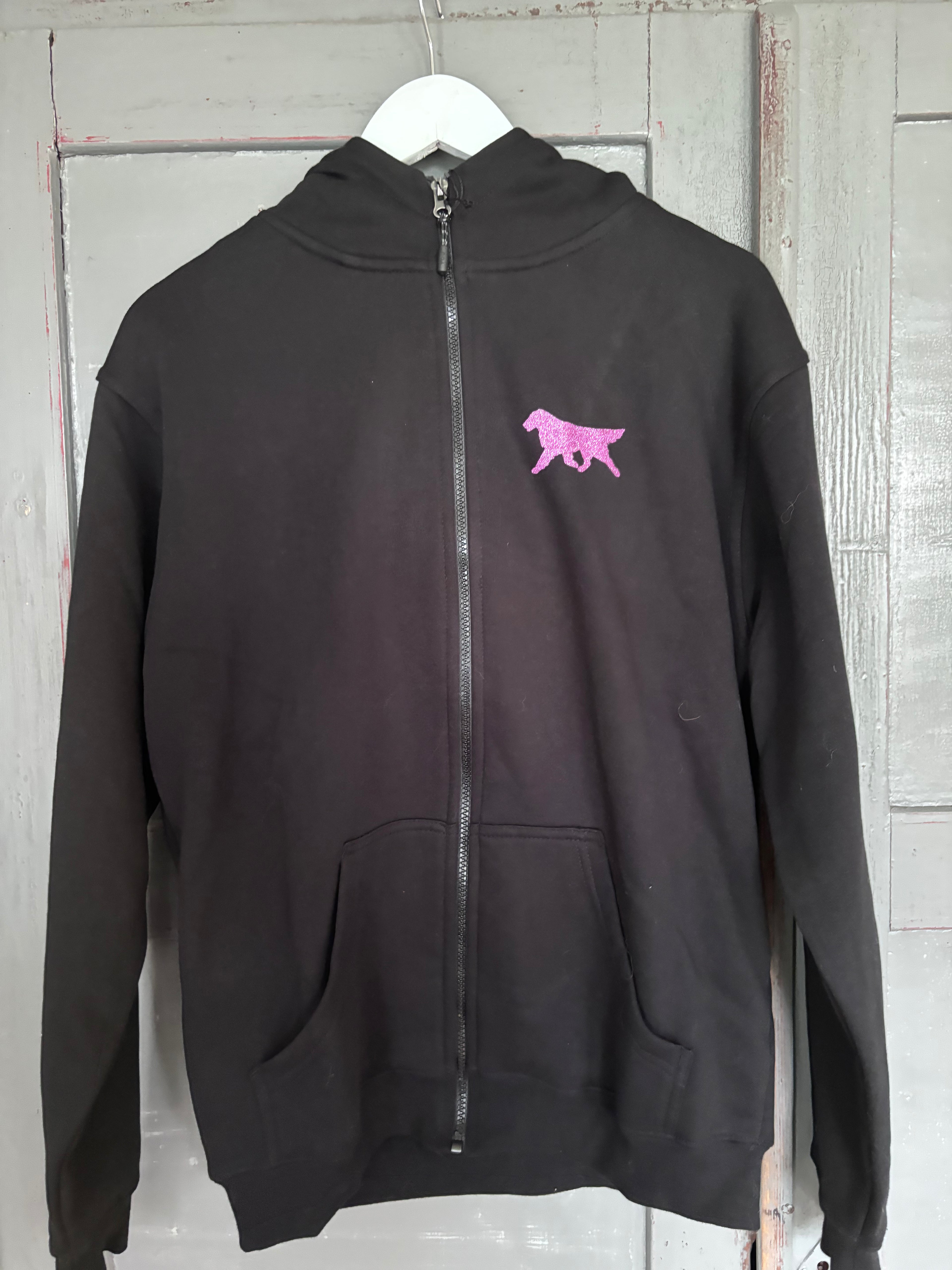 Hoodie med zip, flat foran og bak - rosa glitter